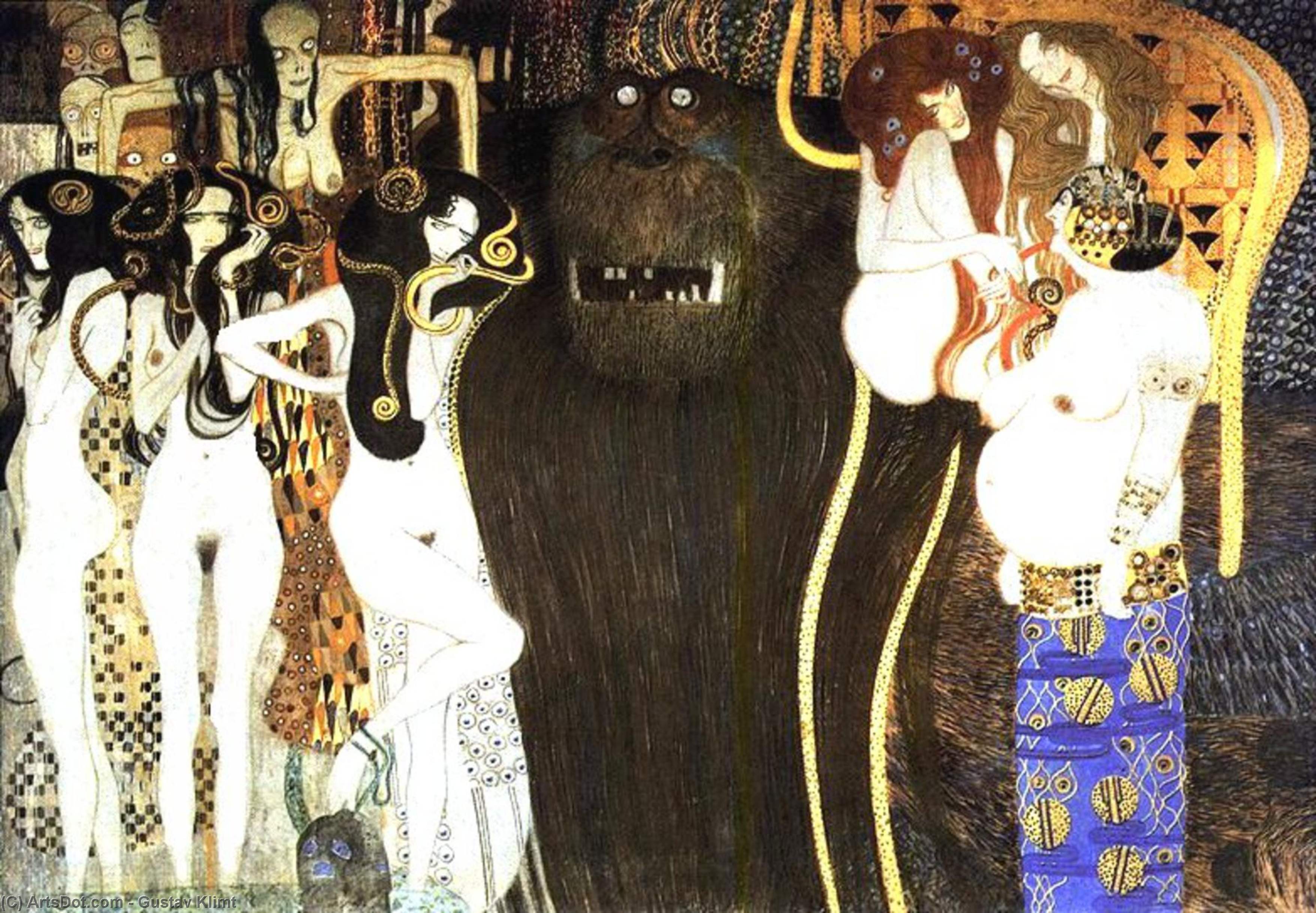 WikiOO.org - Энциклопедия изобразительного искусства - Живопись, Картины  Gustav Klimt - бетховен фриз : враждебные силы . Левая часть , подробность