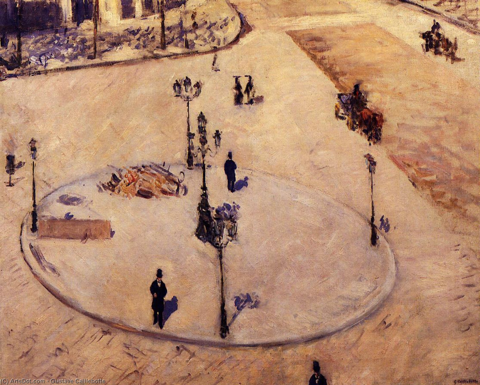 Wikioo.org - The Encyclopedia of Fine Arts - Painting, Artwork by Gustave Caillebotte - Traffic Island on Boulevard Haussmann