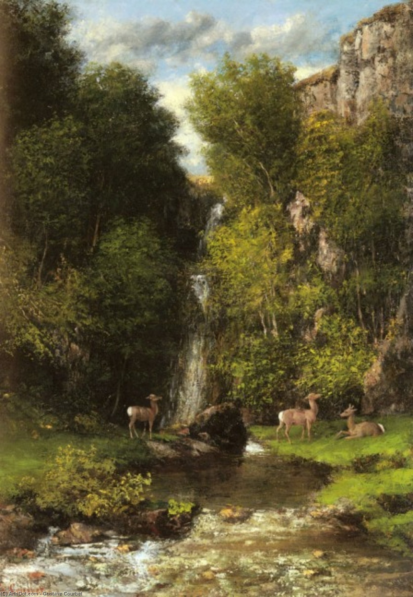 WikiOO.org - Encyclopedia of Fine Arts - Maľba, Artwork Gustave Courbet - A Family of Deer in a Landscape with a Waterfall