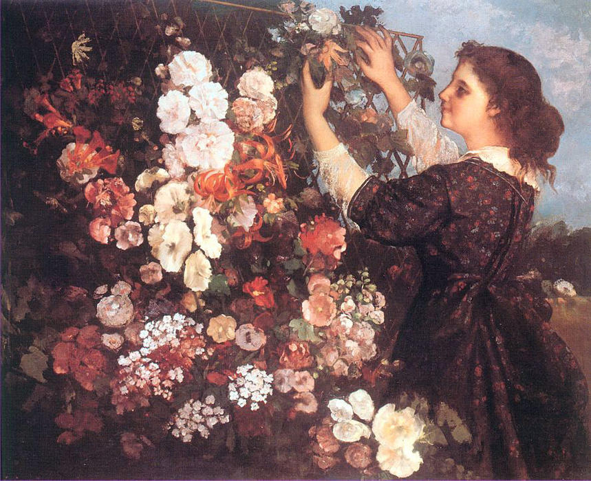 WikiOO.org - Encyclopedia of Fine Arts - Schilderen, Artwork Gustave Courbet - The Trellis (Young Woman Arranging Flowers)