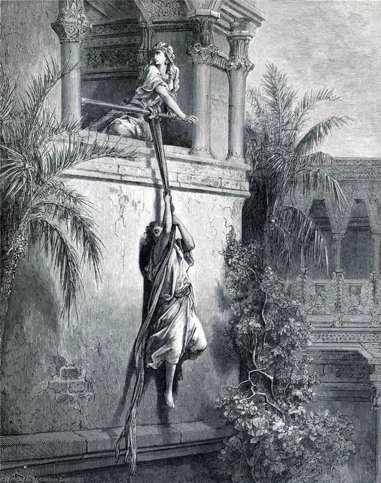 WikiOO.org - Enciclopedia of Fine Arts - Pictura, lucrări de artă Paul Gustave Doré - The Escape of David through the Window