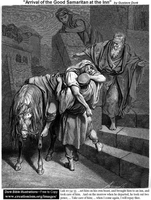 Wikioo.org - The Encyclopedia of Fine Arts - Painting, Artwork by Paul Gustave Doré - Arrival Of The Good Samaritan At The Inn