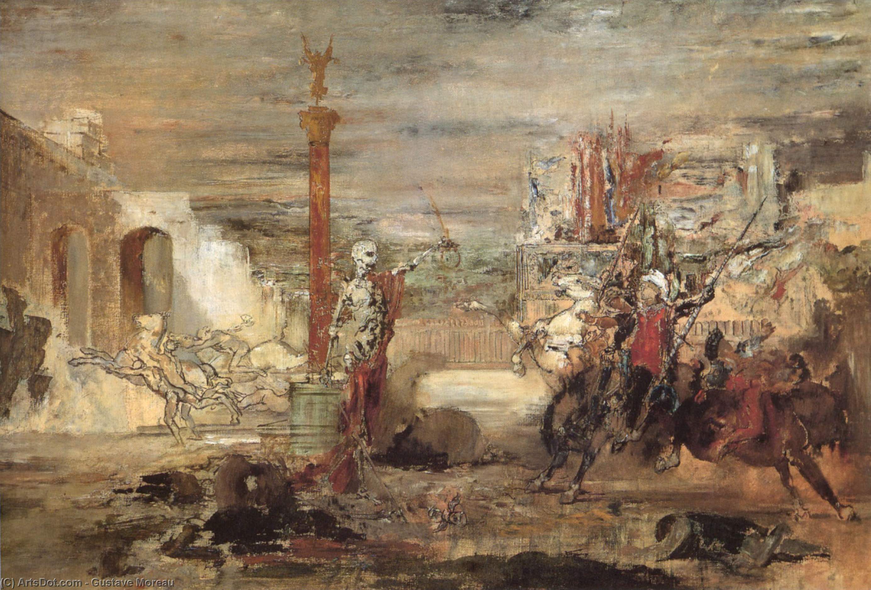 Wikioo.org - The Encyclopedia of Fine Arts - Painting, Artwork by Gustave Moreau - Death Offers Crowns to the Winner of the Tournament