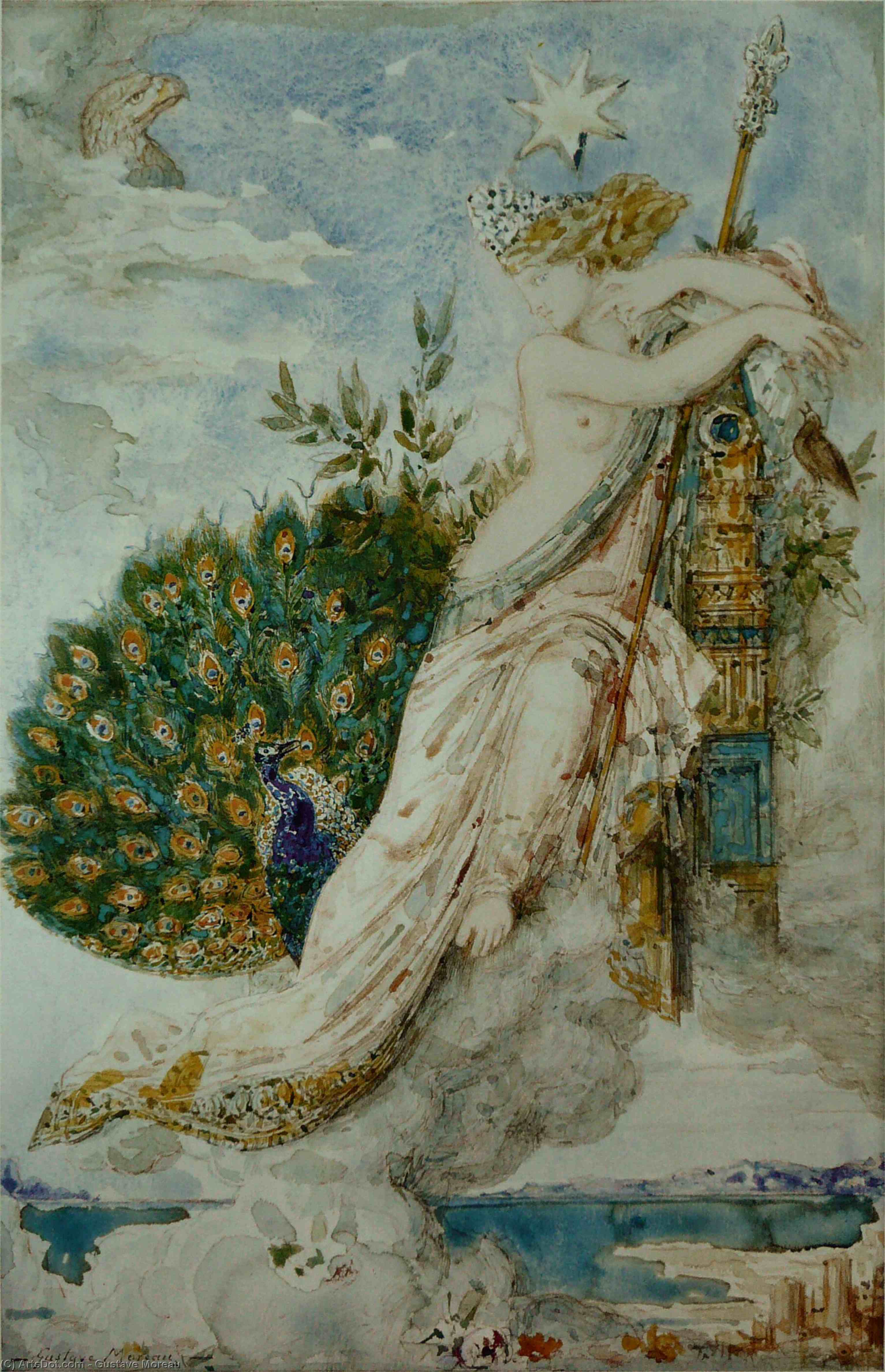 Wikioo.org - The Encyclopedia of Fine Arts - Painting, Artwork by Gustave Moreau - The Peacock complaining to Juno