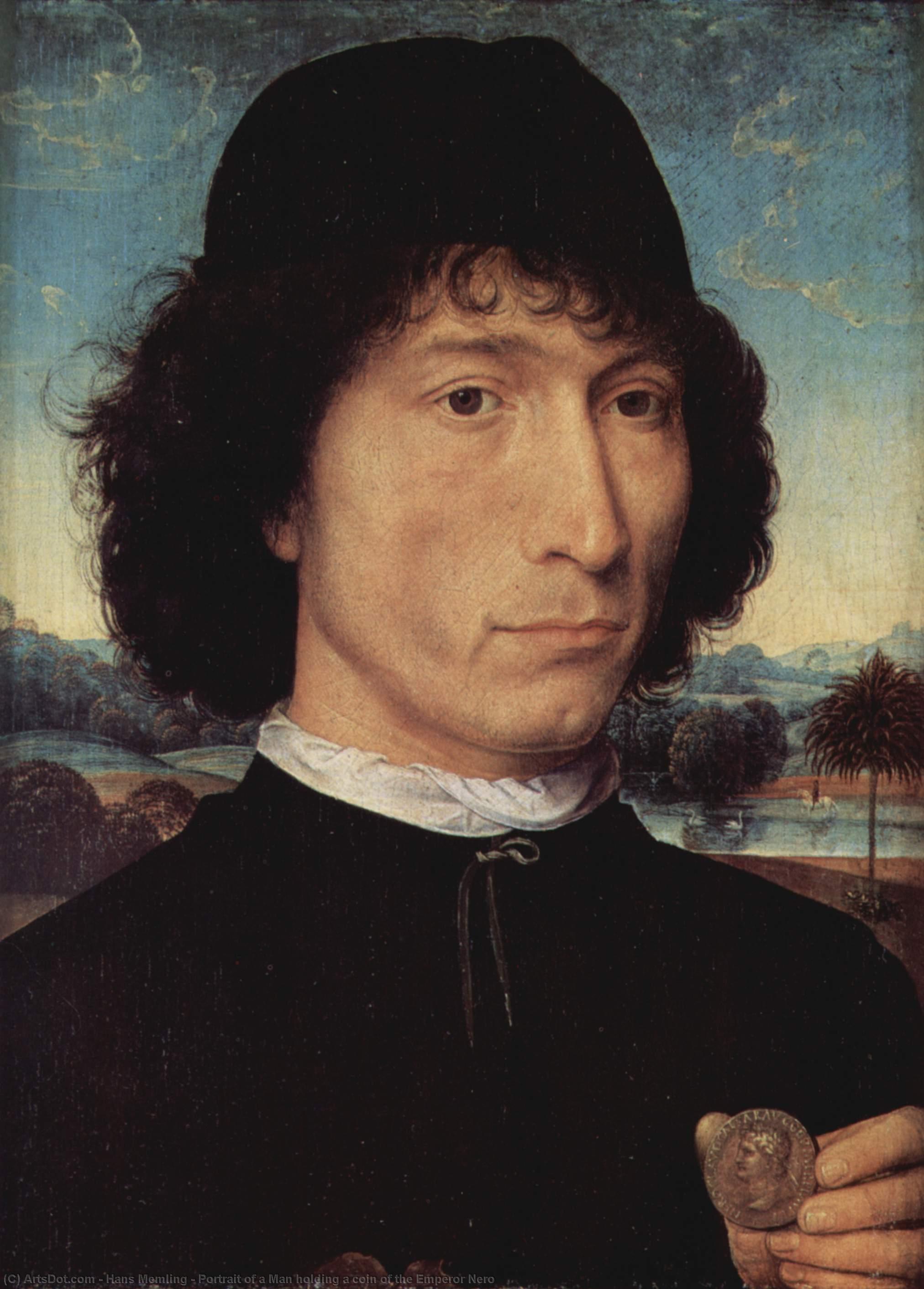 Wikioo.org - The Encyclopedia of Fine Arts - Painting, Artwork by Hans Memling - Portrait of a Man holding a coin of the Emperor Nero