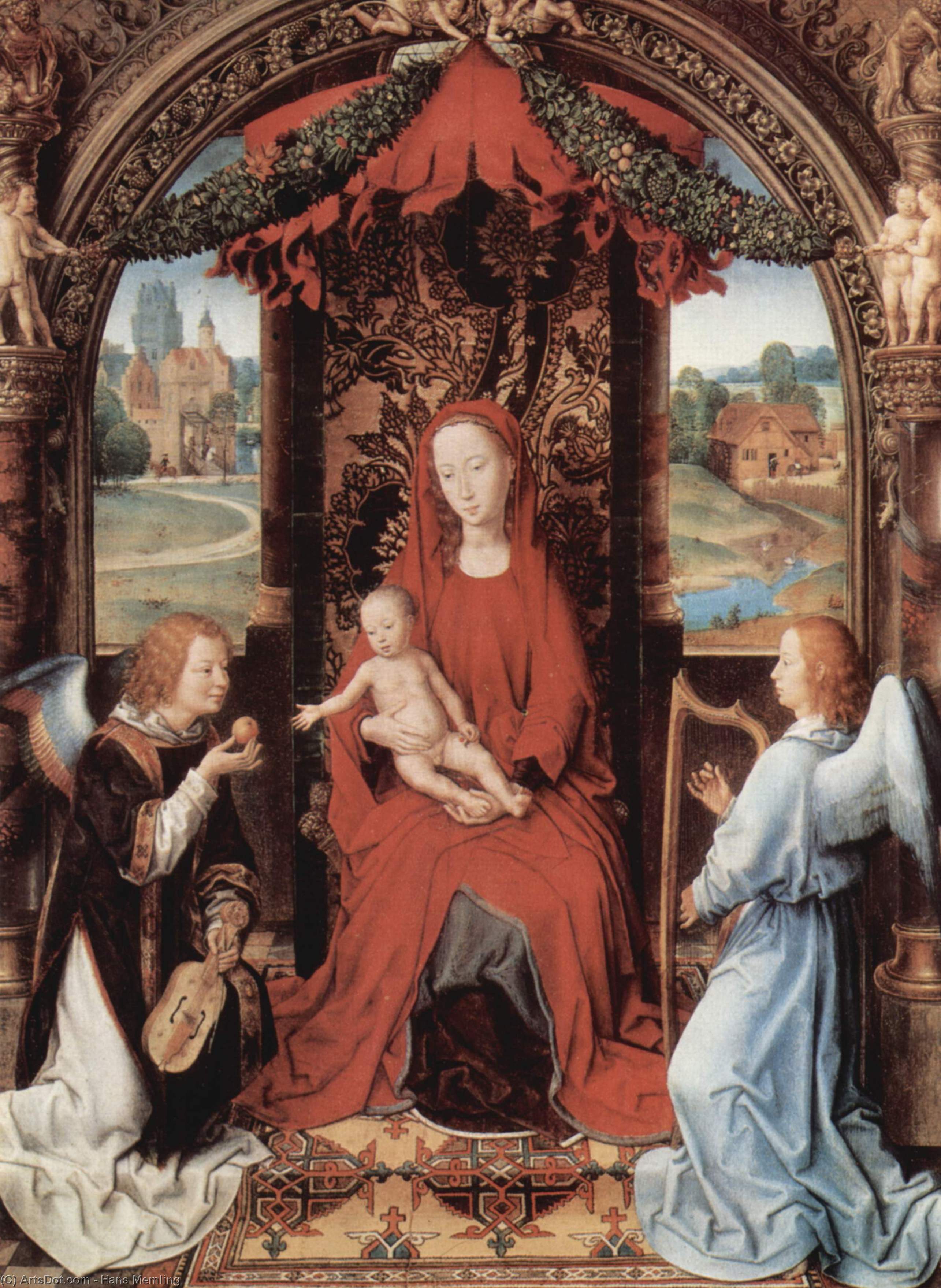 Wikioo.org - The Encyclopedia of Fine Arts - Painting, Artwork by Hans Memling - Madonna and Child Enthroned with Two Angels
