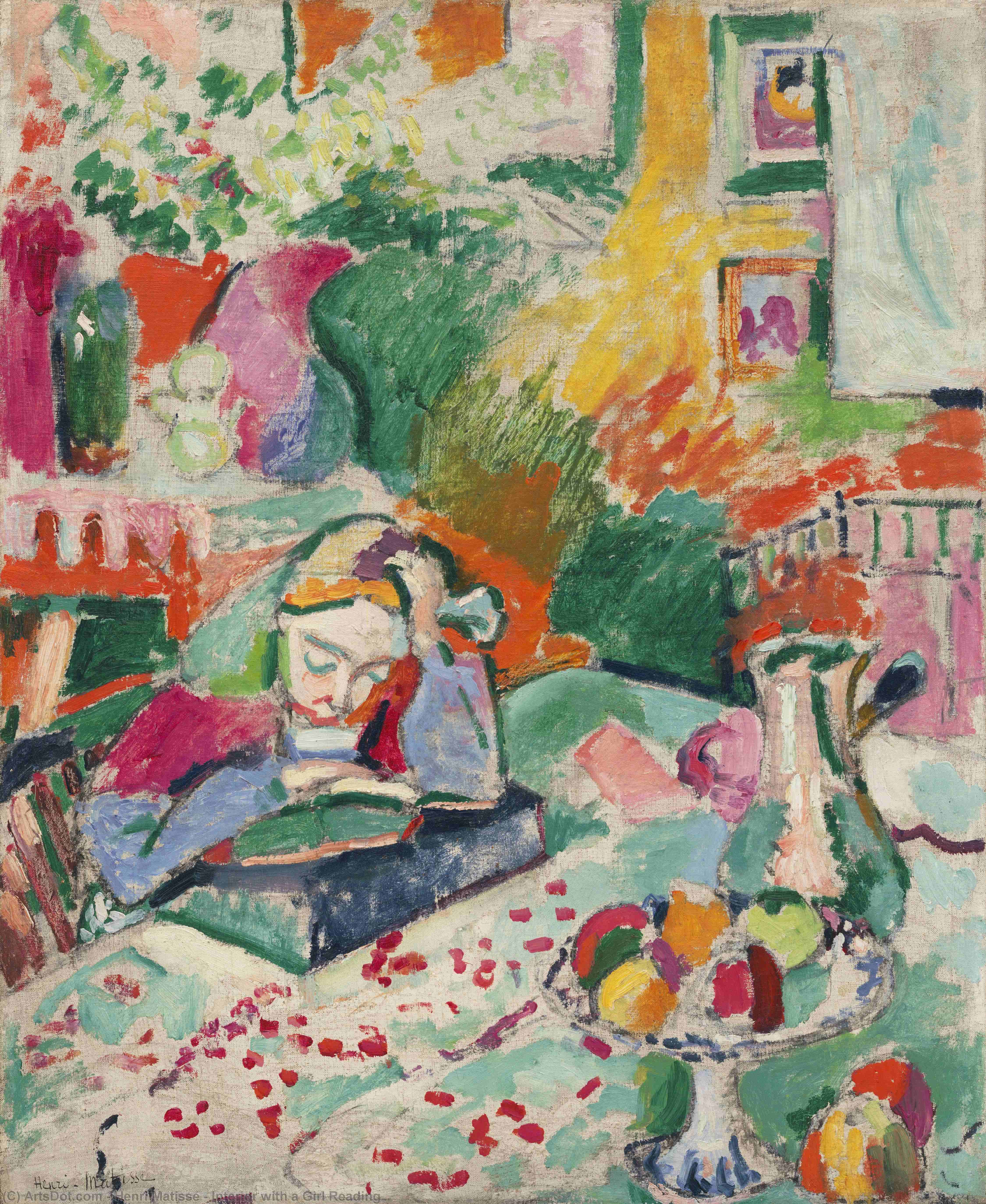 Wikioo.org – L'Enciclopedia delle Belle Arti - Pittura, Opere di Henri Matisse - interno con una ragazza che legge