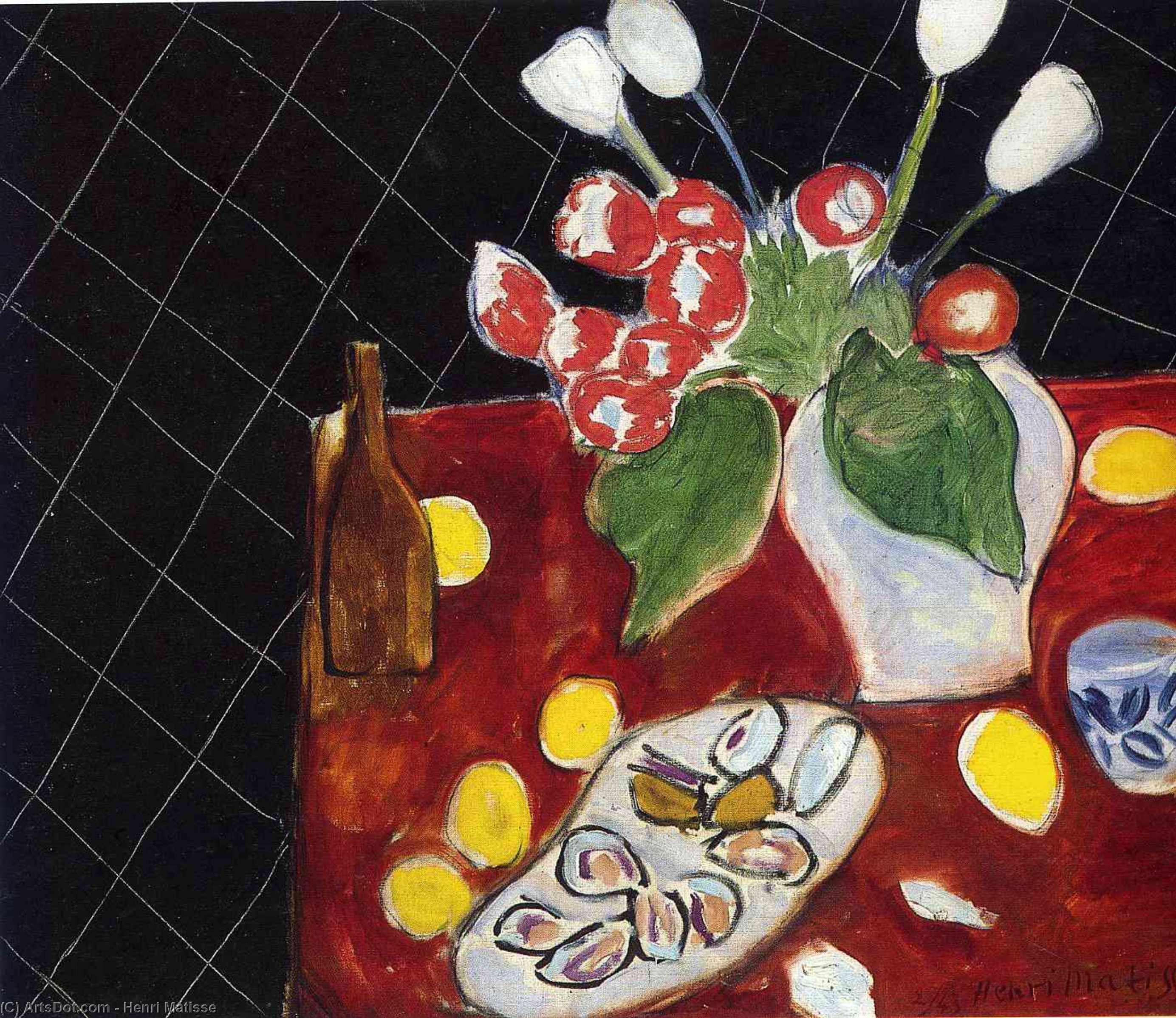 Wikoo.org - موسوعة الفنون الجميلة - اللوحة، العمل الفني Henri Matisse - Tulips and oysters on a black background