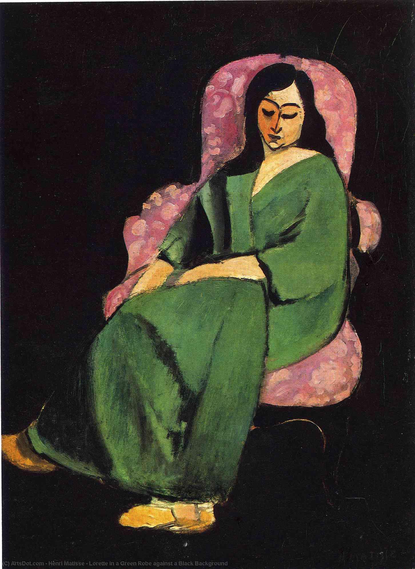 Wikioo.org - The Encyclopedia of Fine Arts - Painting, Artwork by Henri Matisse - Lorette in a Green Robe against a Black Background
