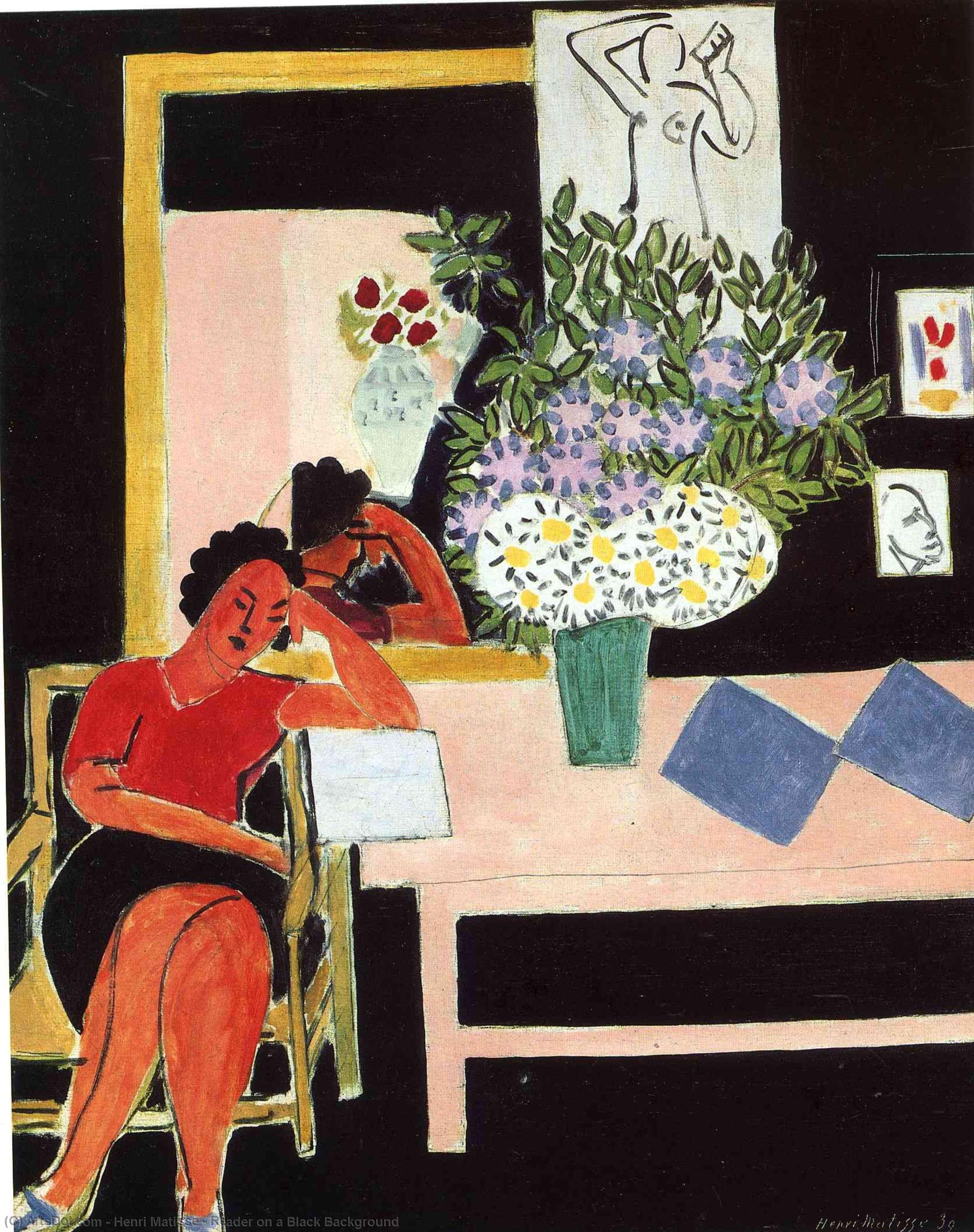 Wikioo.org – La Enciclopedia de las Bellas Artes - Pintura, Obras de arte de Henri Matisse - Lector en  Un  negro  de fondo