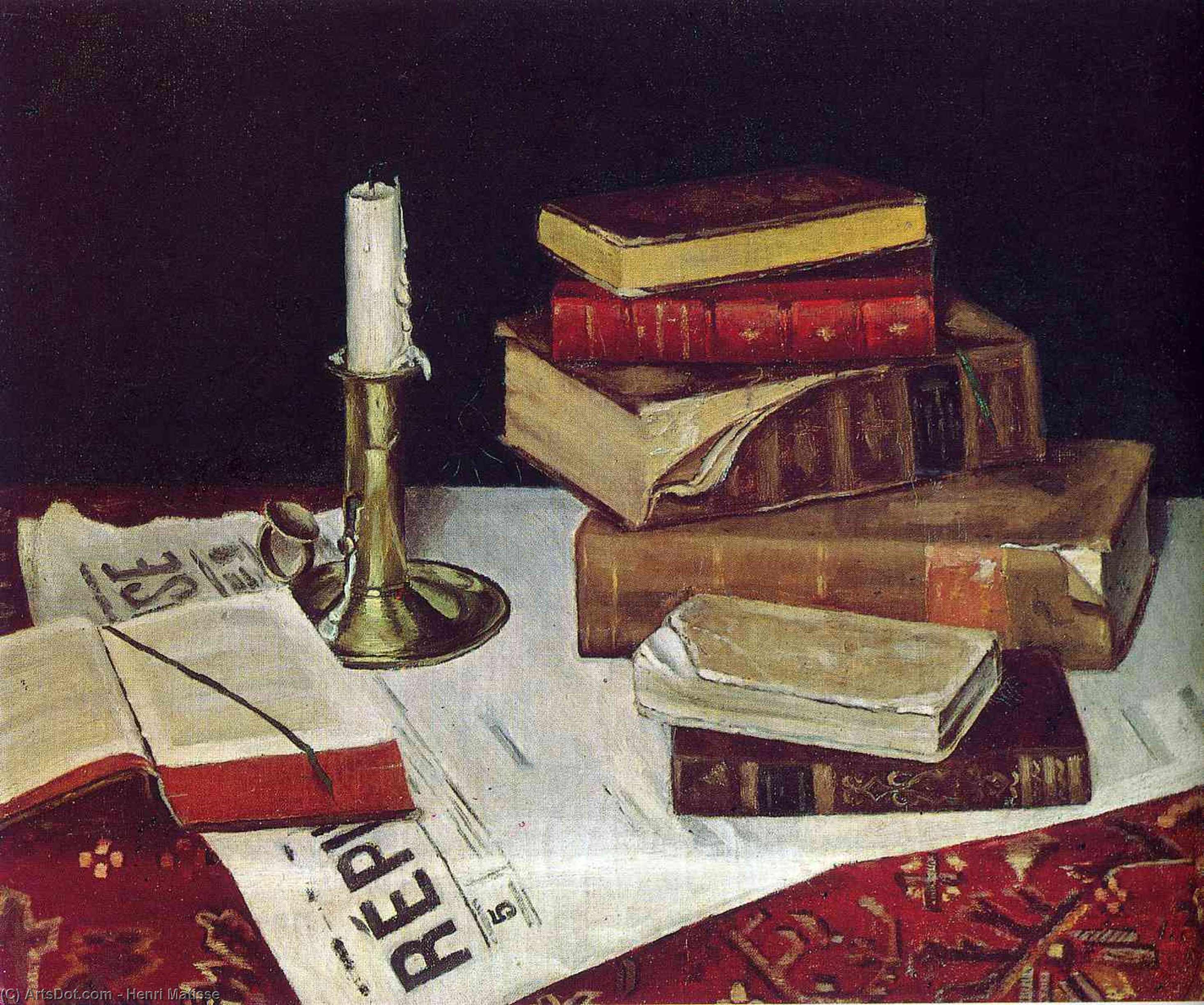 Wikioo.org – La Enciclopedia de las Bellas Artes - Pintura, Obras de arte de Henri Matisse - Naturaleza muerta con libros y Vela