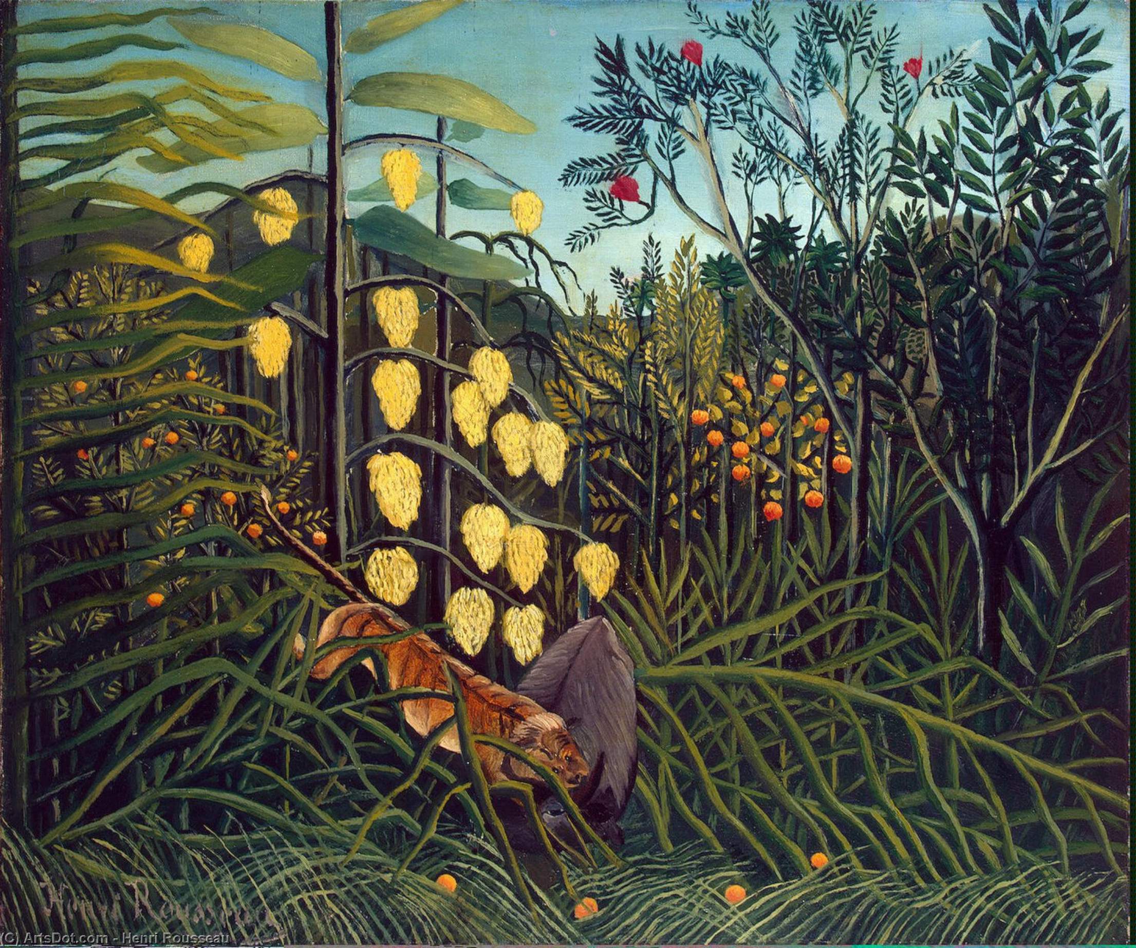 Wikioo.org - The Encyclopedia of Fine Arts - Painting, Artwork by Henri Julien Félix Rousseau (Le Douanier) - Tropical Forest: Battling Tiger and Buffalo
