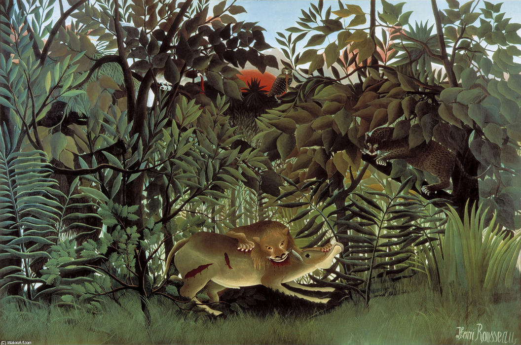Wikioo.org - The Encyclopedia of Fine Arts - Painting, Artwork by Henri Julien Félix Rousseau (Le Douanier) - The Hungry Lion Throws Itself on the Antelope