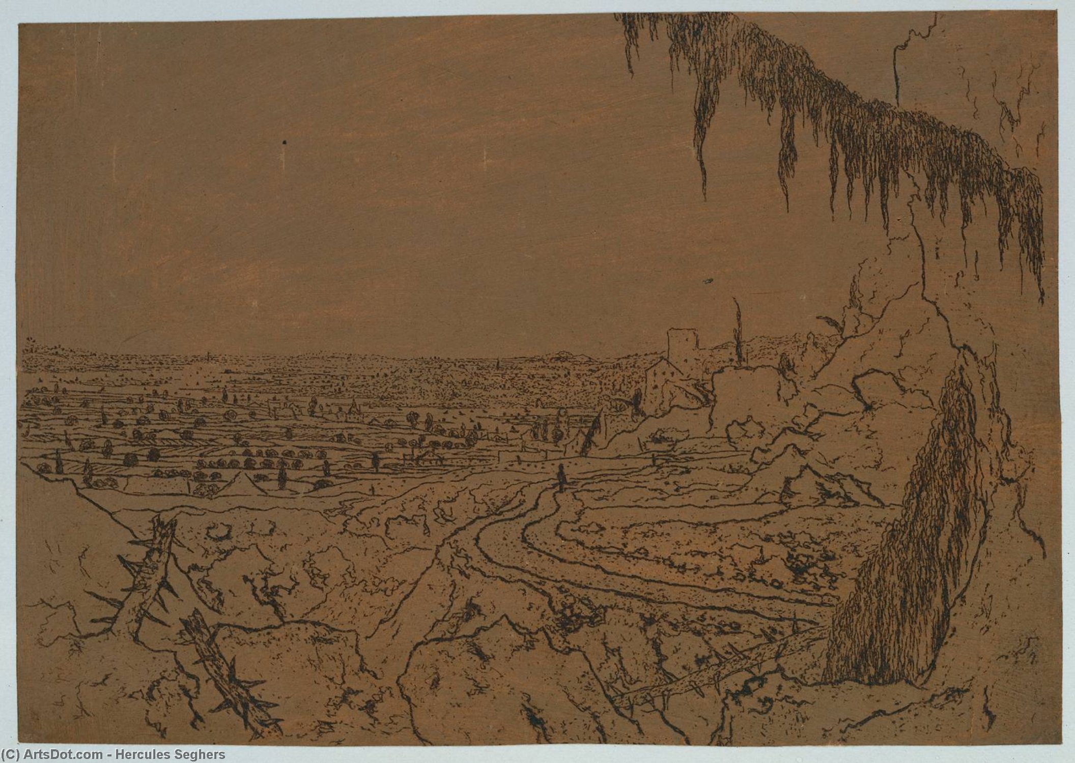 WikiOO.org - Encyclopedia of Fine Arts - Maľba, Artwork Hercules Seghers - Landscape with overhanging fir