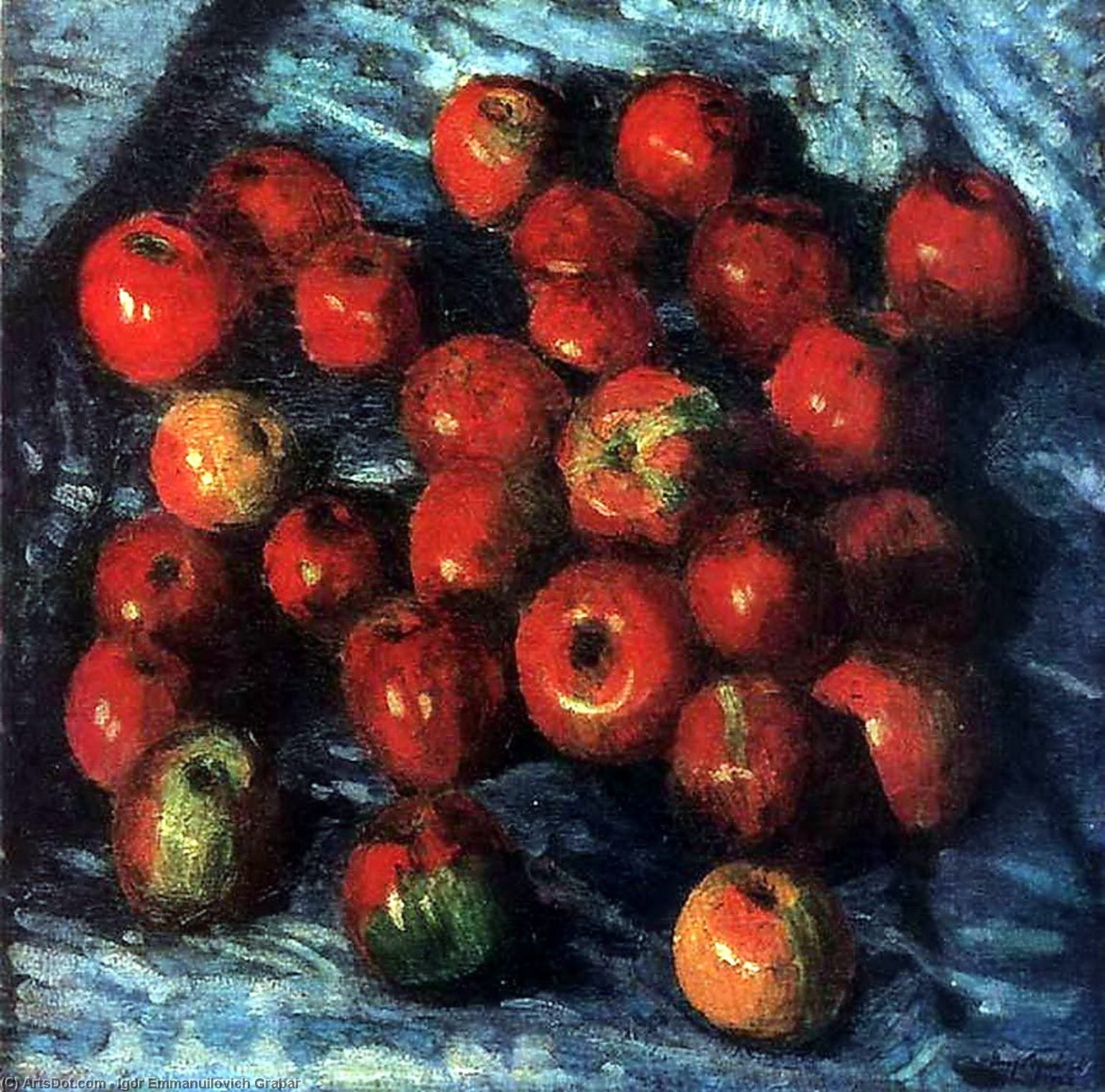 Wikioo.org – La Enciclopedia de las Bellas Artes - Pintura, Obras de arte de Igor Emmanuilovich Grabar - Red aplles sobre mantel azul