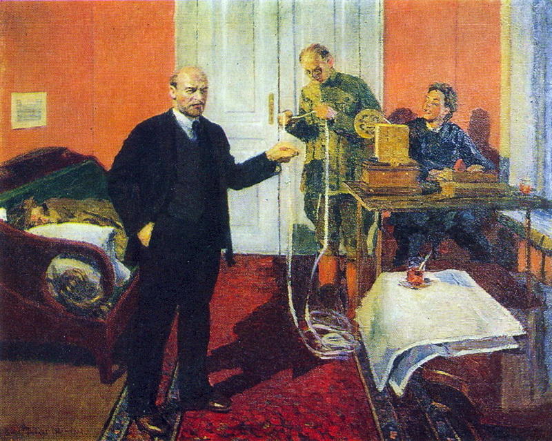 WikiOO.org - Encyclopedia of Fine Arts - Malba, Artwork Igor Emmanuilovich Grabar - Lenin dictating a telegram at dawn in 1920