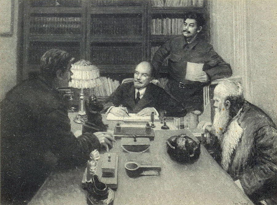 WikiOO.org - Encyclopedia of Fine Arts - Maleri, Artwork Igor Emmanuilovich Grabar - Lenin and Stalin talking to Peasants