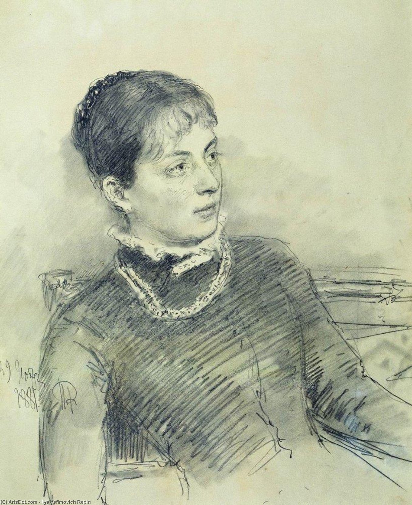 WikiOO.org - Enciklopedija likovnih umjetnosti - Slikarstvo, umjetnička djela Ilya Yefimovich Repin - Portrait of a young wife, sitting on the couch