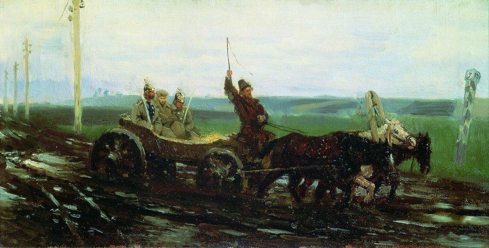 Wikioo.org - The Encyclopedia of Fine Arts - Painting, Artwork by Ilya Yefimovich Repin - Under escort. On the muddy road