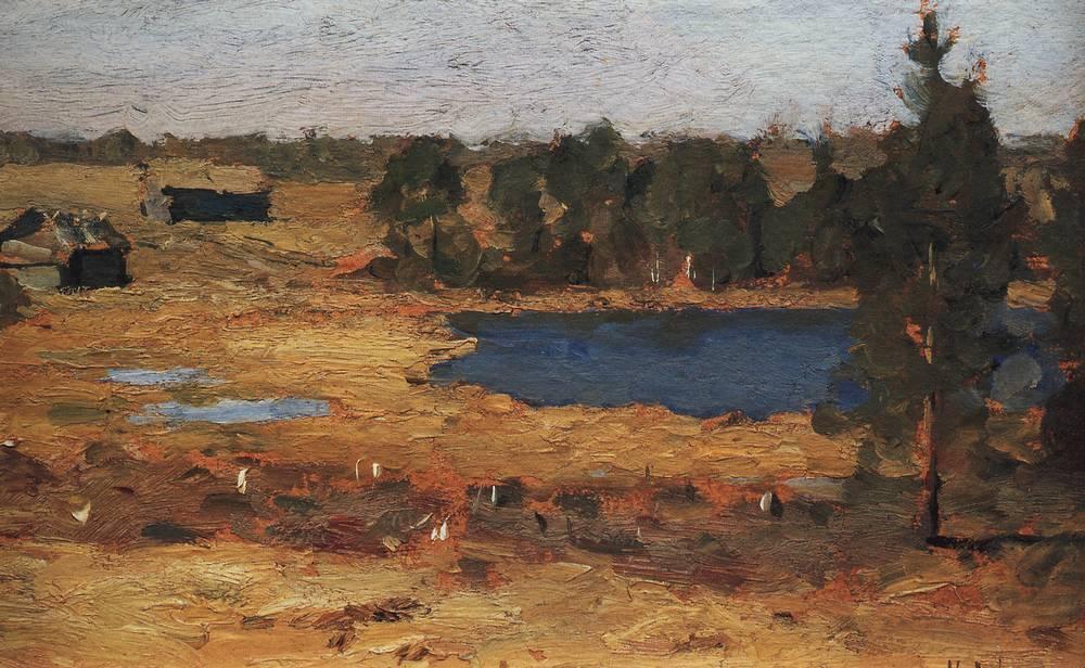 WikiOO.org - Enciklopedija likovnih umjetnosti - Slikarstvo, umjetnička djela Isaak Ilyich Levitan - Lake. Barns at the forest edge.