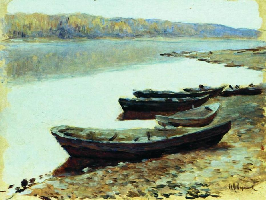 Wikioo.org - The Encyclopedia of Fine Arts - Painting, Artwork by Isaak Ilyich Levitan - Landscape on Volga. Boats by the Riverbank.