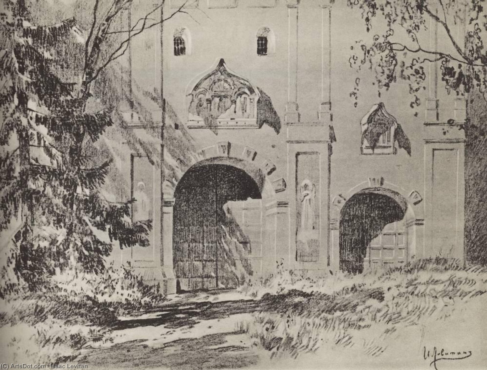 WikiOO.org - Енциклопедия за изящни изкуства - Живопис, Произведения на изкуството Isaak Ilyich Levitan - Entrance gate of Savvinsky monastery near Zvenigorod
