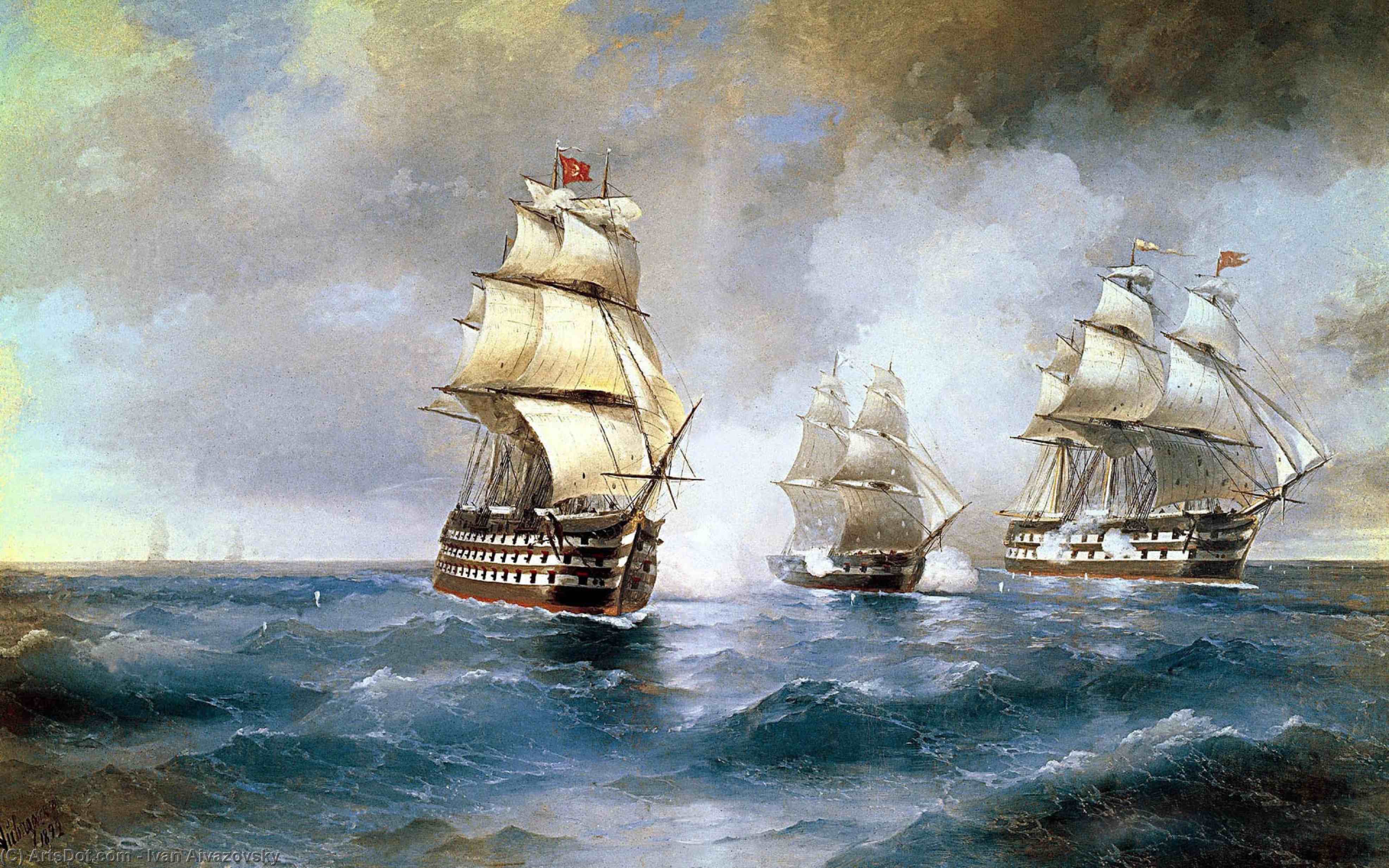 Wikioo.org - The Encyclopedia of Fine Arts - Painting, Artwork by Ivan Aivazovsky - Brig Mercury Attacked by Two Turkish Ships