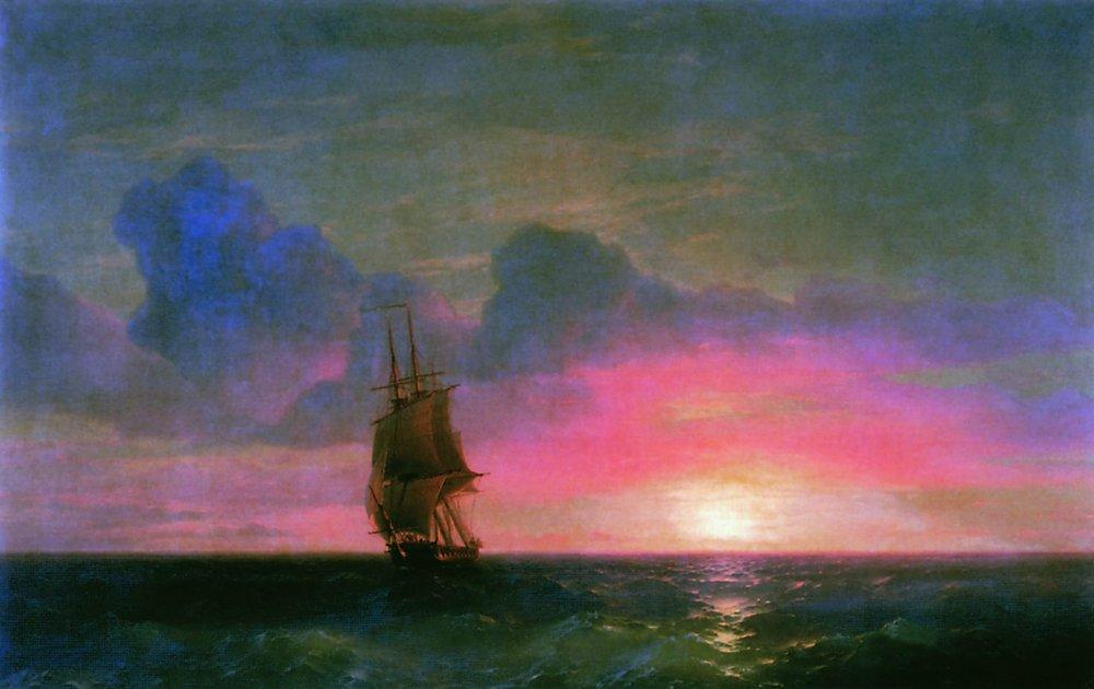 Wikioo.org – L'Encyclopédie des Beaux Arts - Peinture, Oeuvre de Ivan Aivazovsky - Coucher du soleil une  seul  voilier
