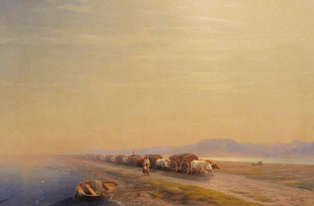 Wikioo.org - The Encyclopedia of Fine Arts - Painting, Artwork by Ivan Aivazovsky - Ox train on the sea shore