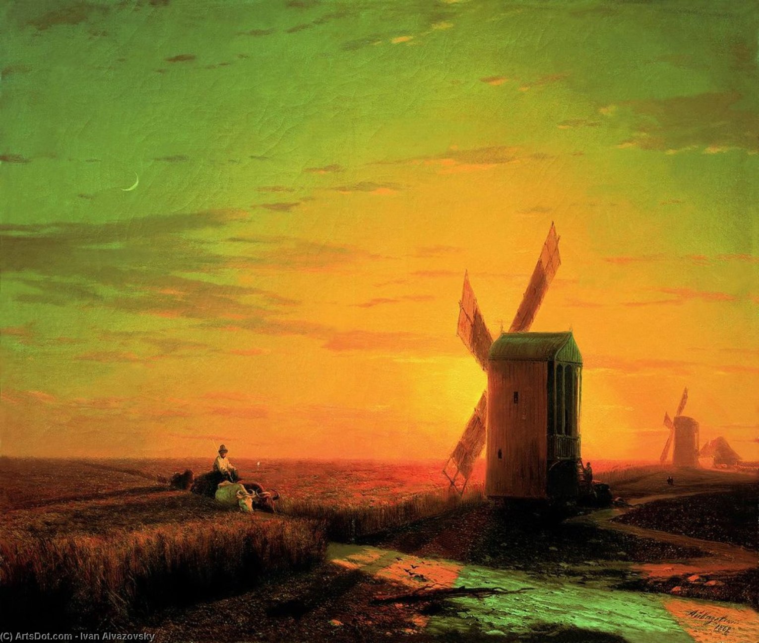 WikiOO.org - 百科事典 - 絵画、アートワーク Ivan Aivazovsky - 日没でウクライナの草原での風車