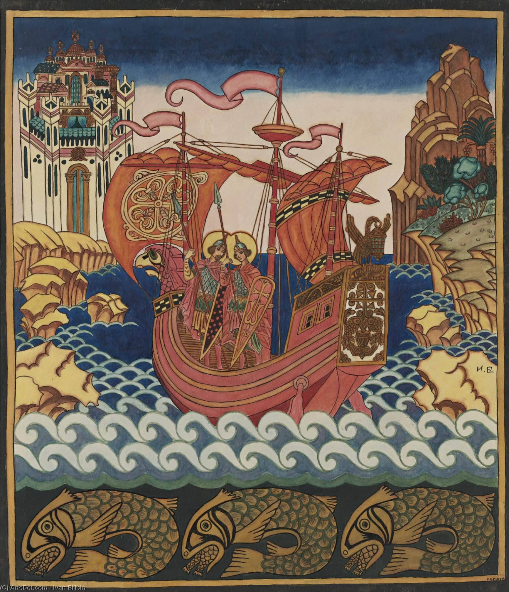 Wikioo.org - The Encyclopedia of Fine Arts - Painting, Artwork by Ivan Yakovlevich Bilibin - Saints Boris and Gleb on the ship