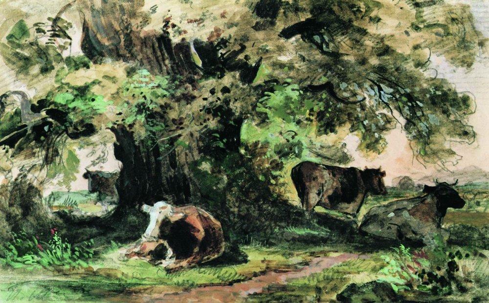 WikiOO.org – 美術百科全書 - 繪畫，作品 Ivan Ivanovich Shishkin - 奶牛 下  的  橡树