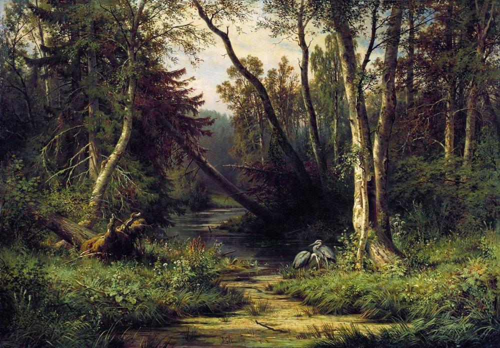 Wikioo.org - The Encyclopedia of Fine Arts - Painting, Artwork by Ivan Ivanovich Shishkin - Forest Landscape with Herons