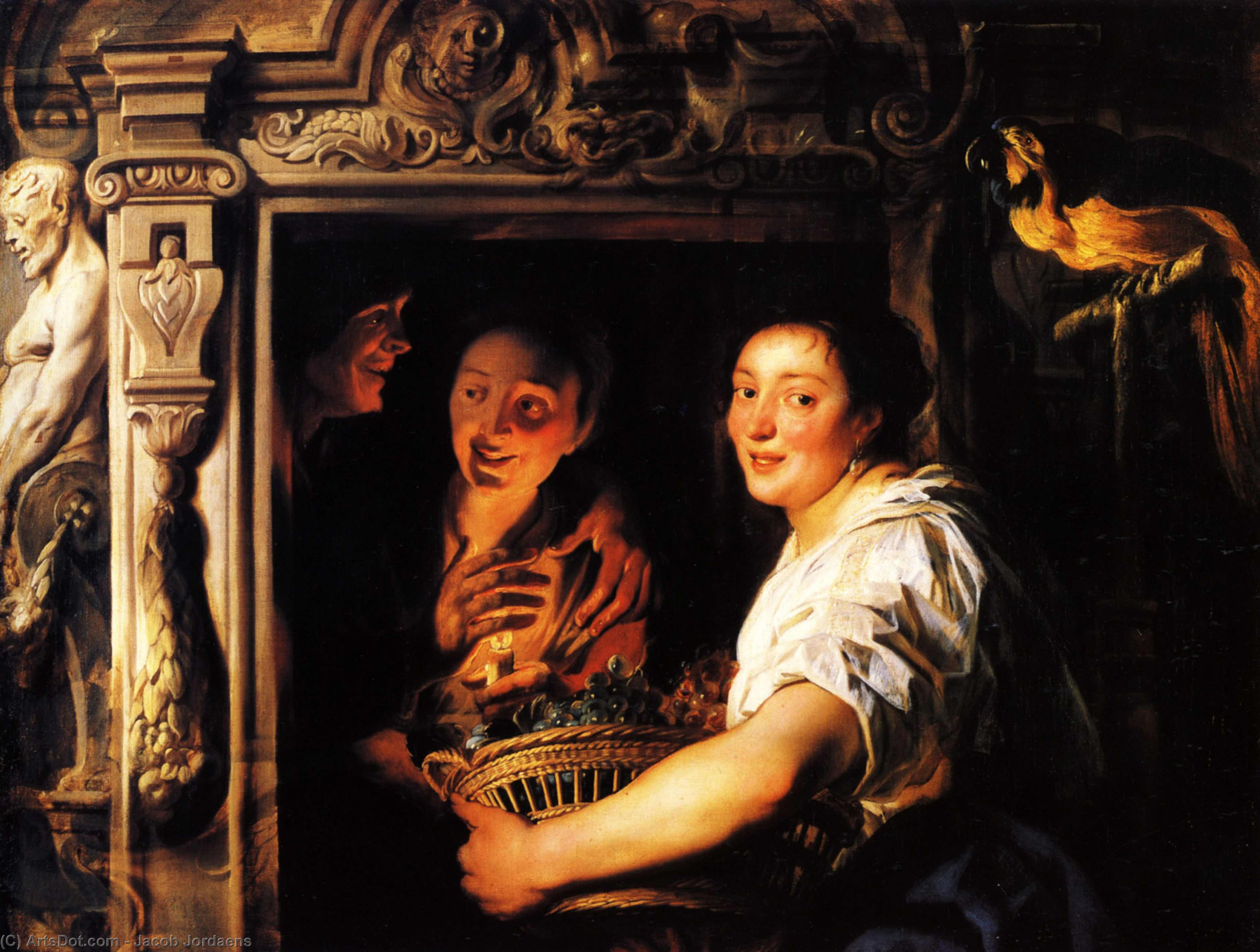 WikiOO.org - Encyclopedia of Fine Arts - Malba, Artwork Jacob Jordaens - Servant with a fruit basket and a pair of lovers