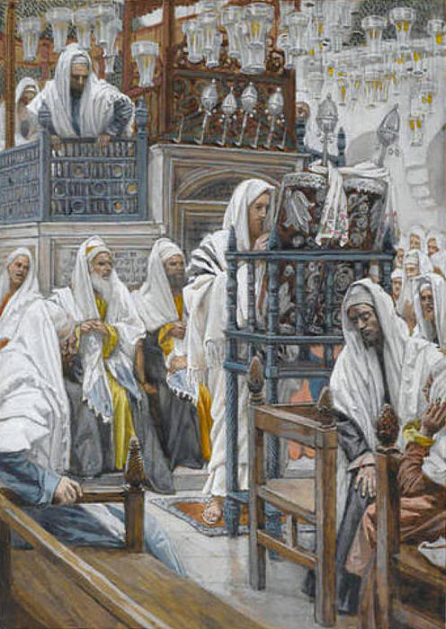 Wikioo.org – La Enciclopedia de las Bellas Artes - Pintura, Obras de arte de James Jacques Joseph Tissot - Jesús desenrolla el libro en la Sinagoga