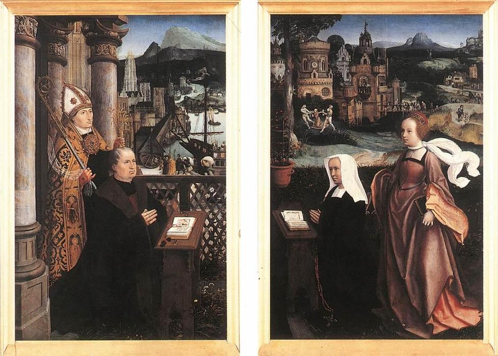 Wikioo.org - The Encyclopedia of Fine Arts - Painting, Artwork by Jan Provoost - Donor with St. Nicholas and his Wife with St. Godelina