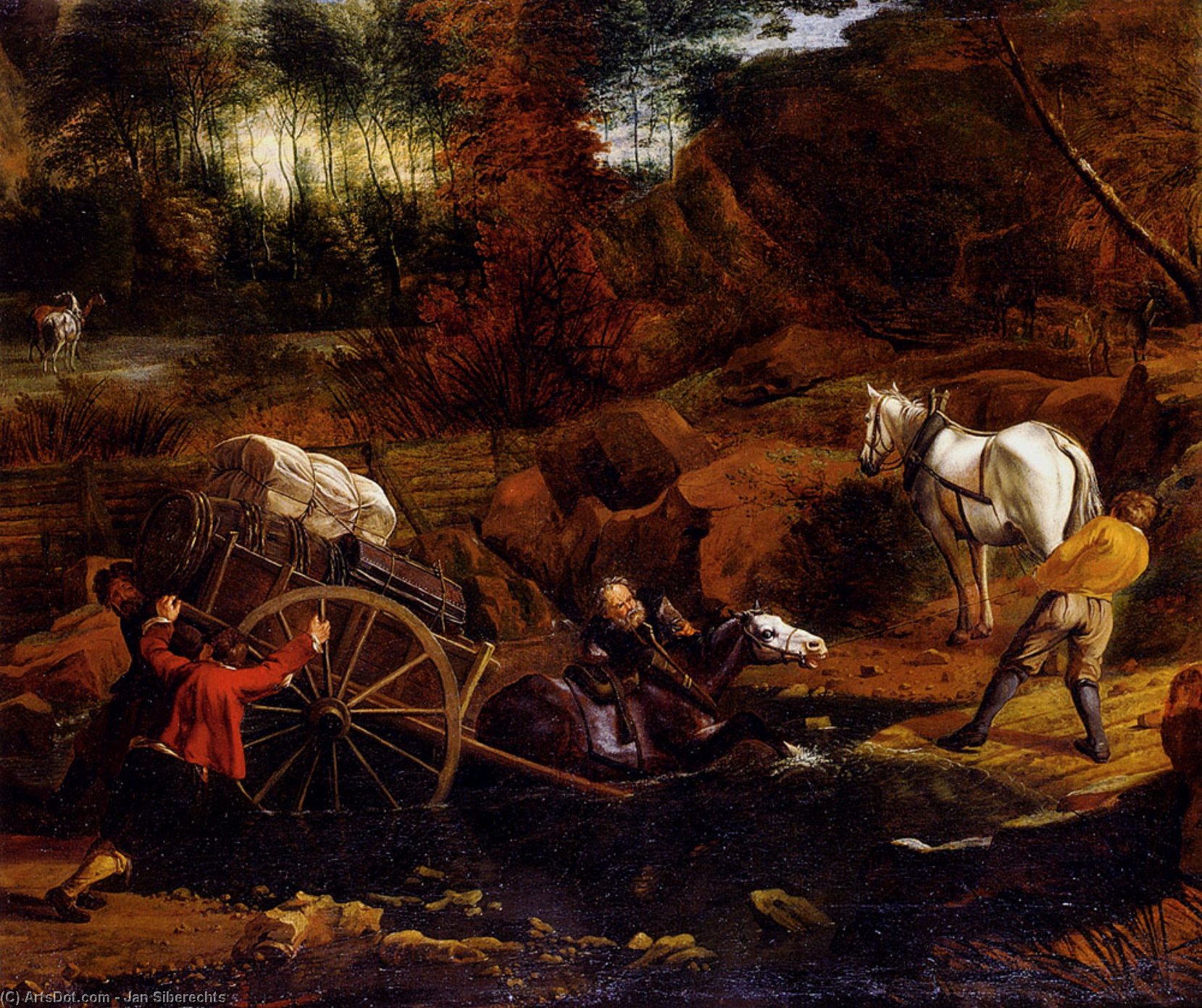 Wikioo.org - The Encyclopedia of Fine Arts - Painting, Artwork by Jan Siberechts - Figures With A Cart And Horses Fording A Stream