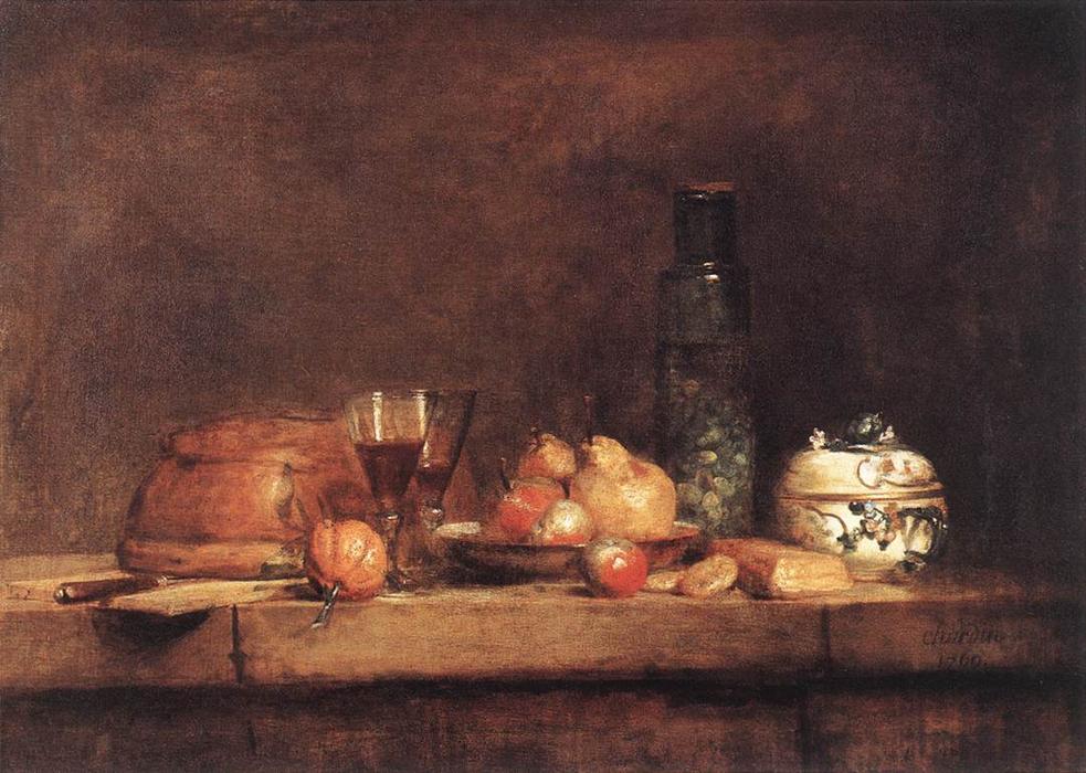 Wikioo.org - The Encyclopedia of Fine Arts - Painting, Artwork by Jean-Baptiste Simeon Chardin - Still Life with Jar of Olives