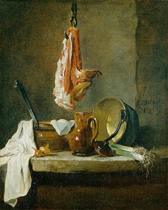 Wikioo.org – La Enciclopedia de las Bellas Artes - Pintura, Obras de arte de Jean-Baptiste Simeon Chardin - bodegón con Un  costilla  todaclasede  carne de vacuno