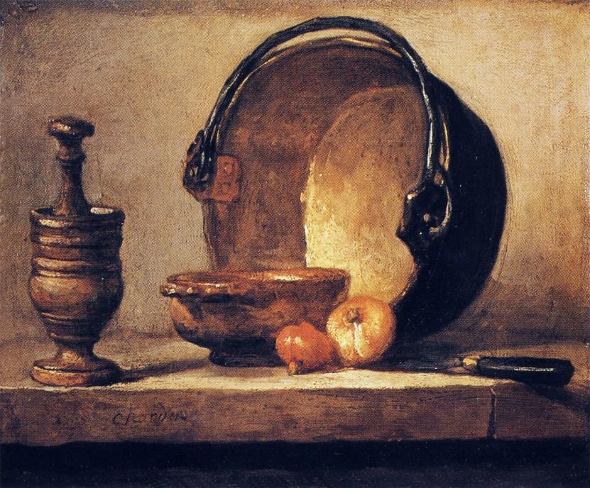 Wikioo.org - The Encyclopedia of Fine Arts - Painting, Artwork by Jean-Baptiste Simeon Chardin - Still Life with Pestle, Bowl, Copper Cauldron, Onions and a Knife