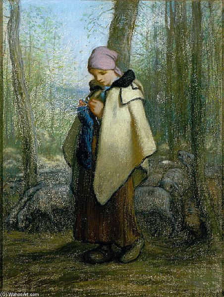 Wikioo.org - The Encyclopedia of Fine Arts - Painting, Artwork by Jean-François Millet - The Knitting Shepherdess