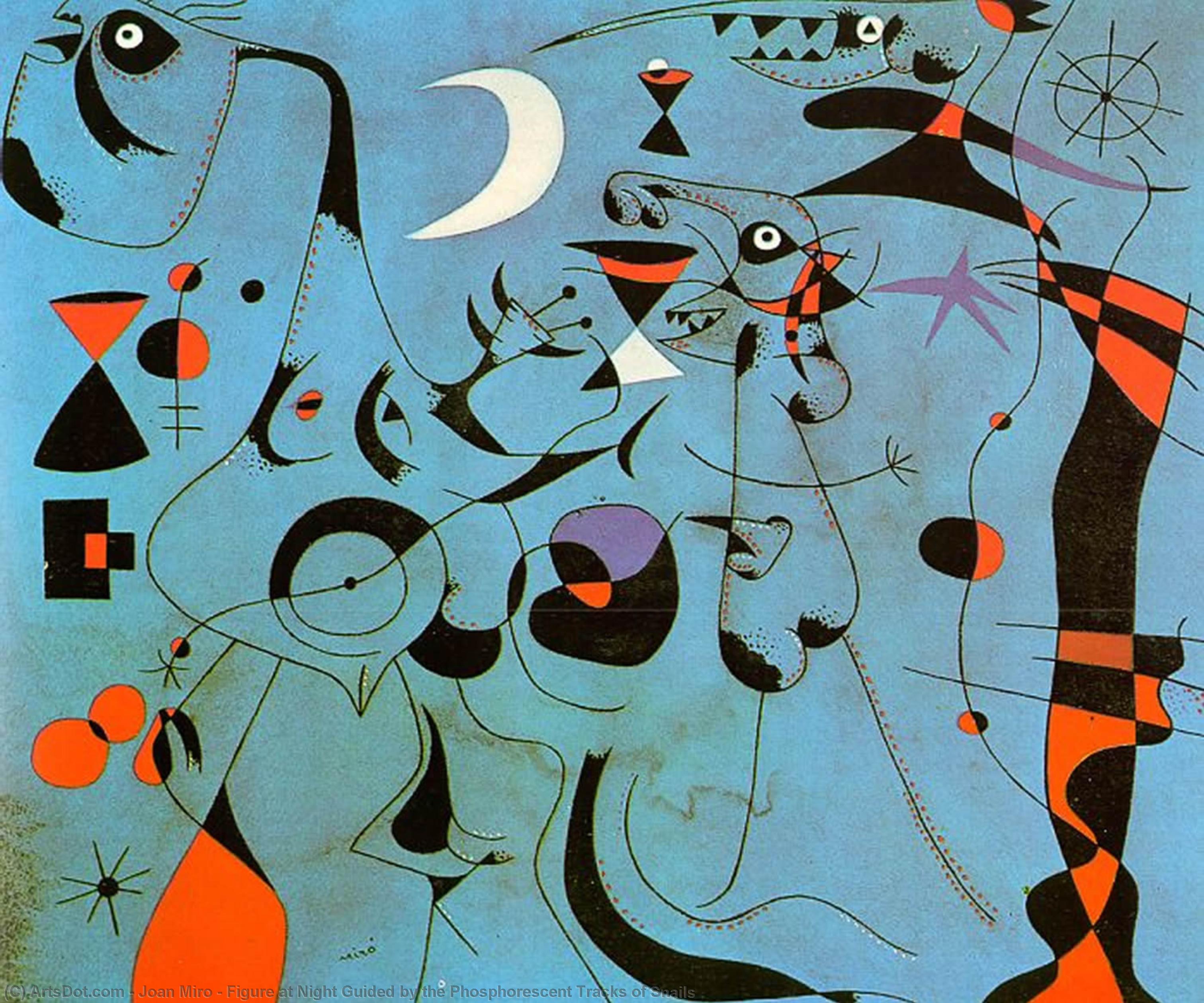 Wikoo.org - موسوعة الفنون الجميلة - اللوحة، العمل الفني Joan Miro - Figure at Night Guided by the Phosphorescent Tracks of Snails