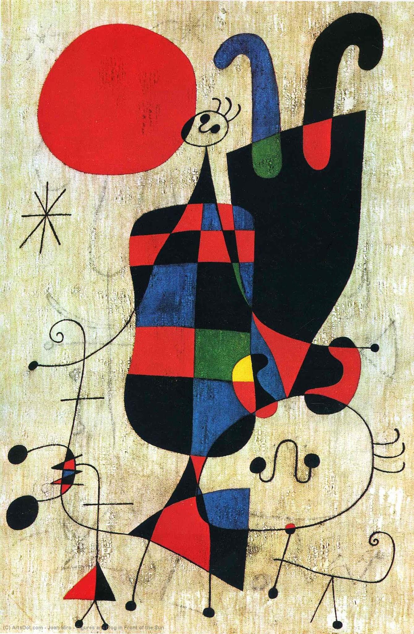 Wikoo.org - موسوعة الفنون الجميلة - اللوحة، العمل الفني Joan Miro - Figures and Dog in Front of the Sun