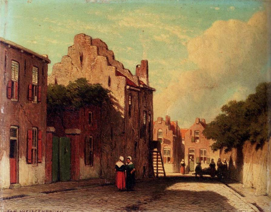 Wikioo.org - The Encyclopedia of Fine Arts - Painting, Artwork by Johan Hendrik Weissenbruch - A Sunlit Townview With Figures Conversing