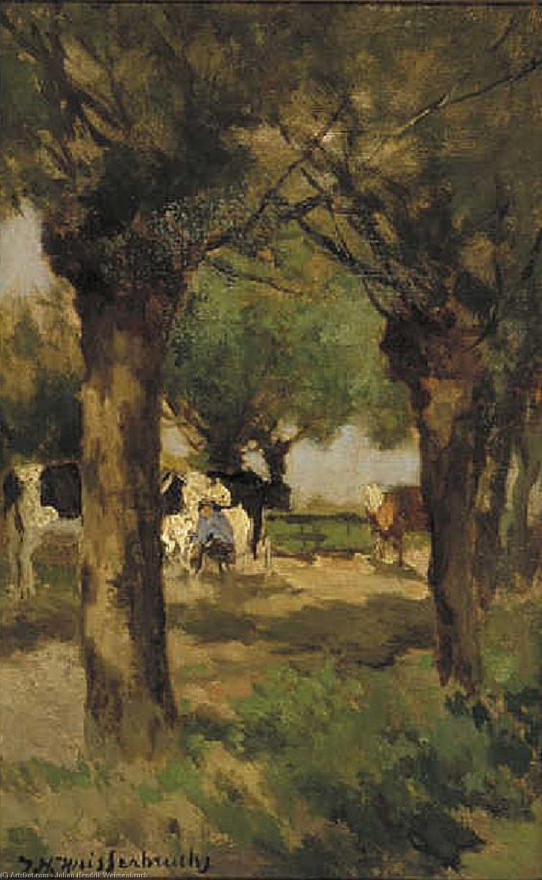 Wikioo.org – La Enciclopedia de las Bellas Artes - Pintura, Obras de arte de Johan Hendrik Weissenbruch - Ordeñar vacas debajo de los sauces