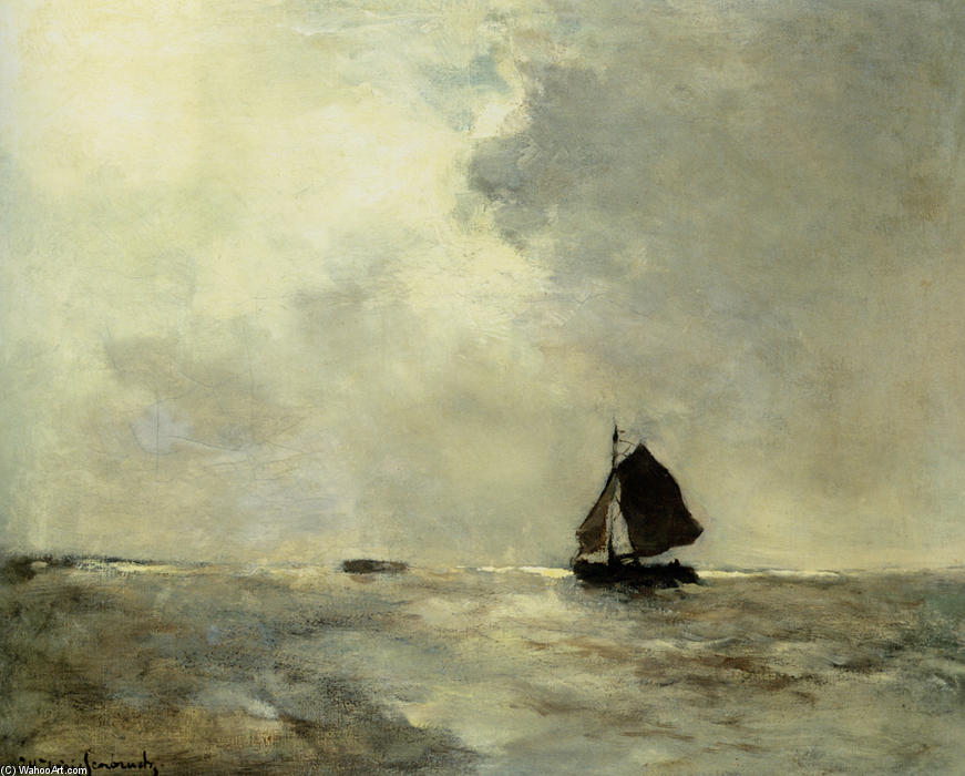 Wikioo.org - The Encyclopedia of Fine Arts - Painting, Artwork by Johan Hendrik Weissenbruch - Sailing Boat in Choppy Seas