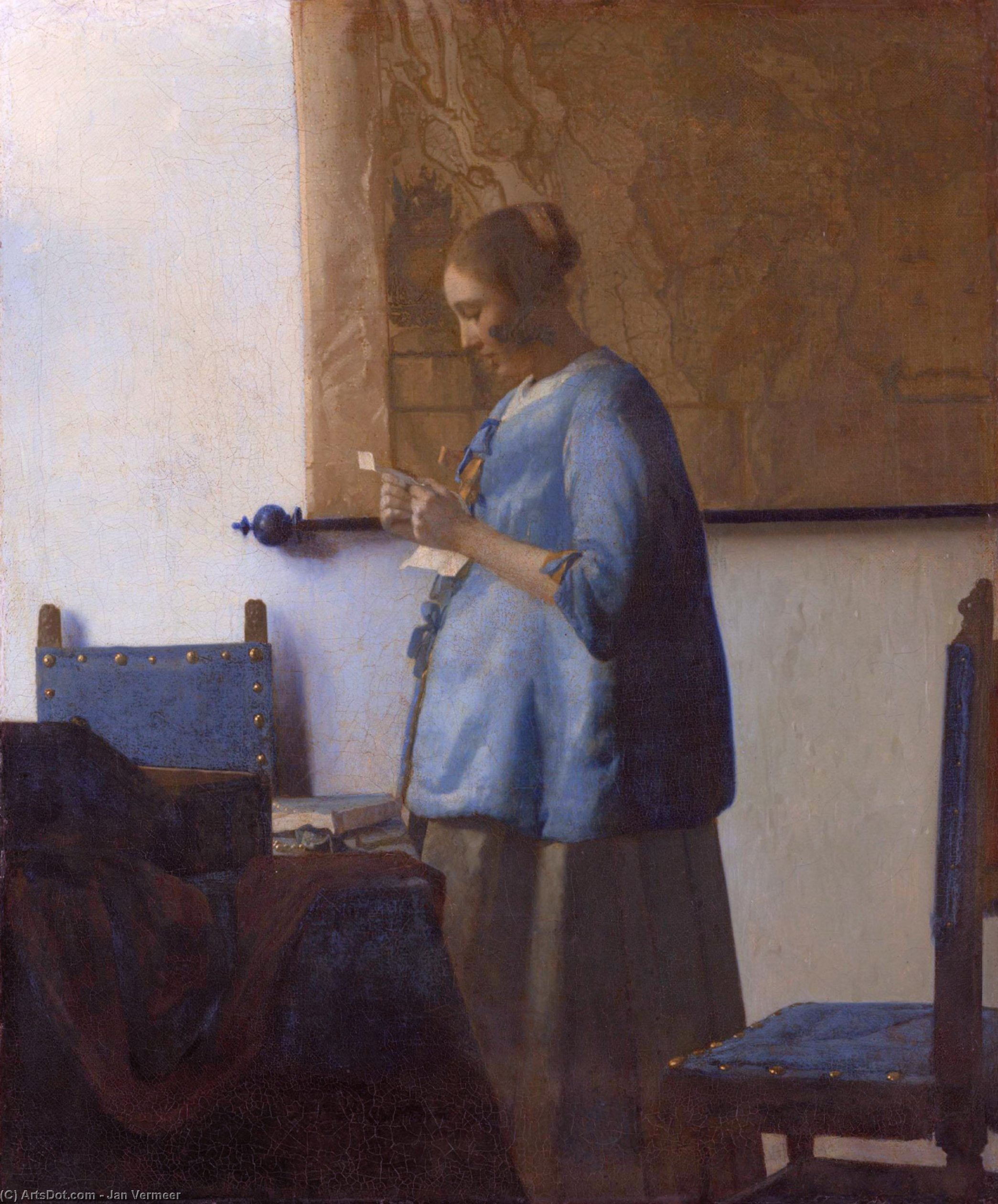 Wikioo.org - The Encyclopedia of Fine Arts - Painting, Artwork by Jan Vermeer - Woman reading a letter (Woman in Blue Reading a Letter)