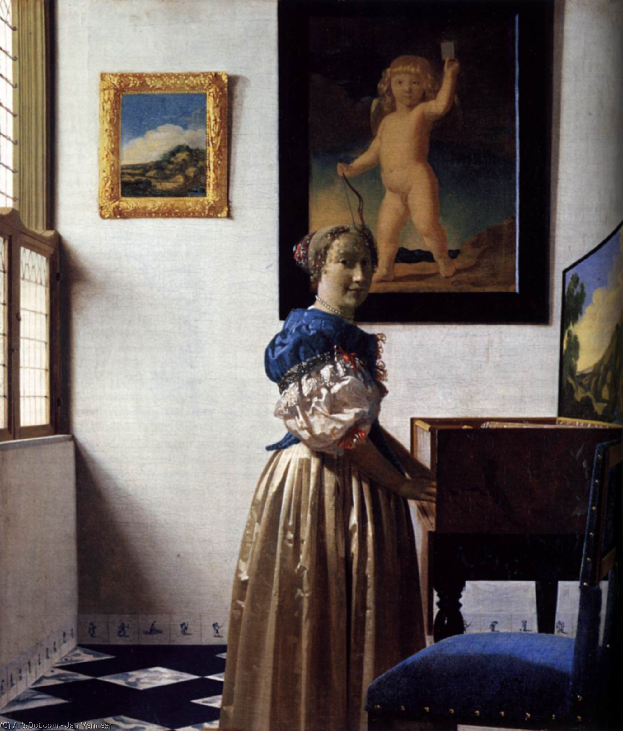 Wikioo.org - The Encyclopedia of Fine Arts - Painting, Artwork by Jan Vermeer - A Lady Standing at a Virginal