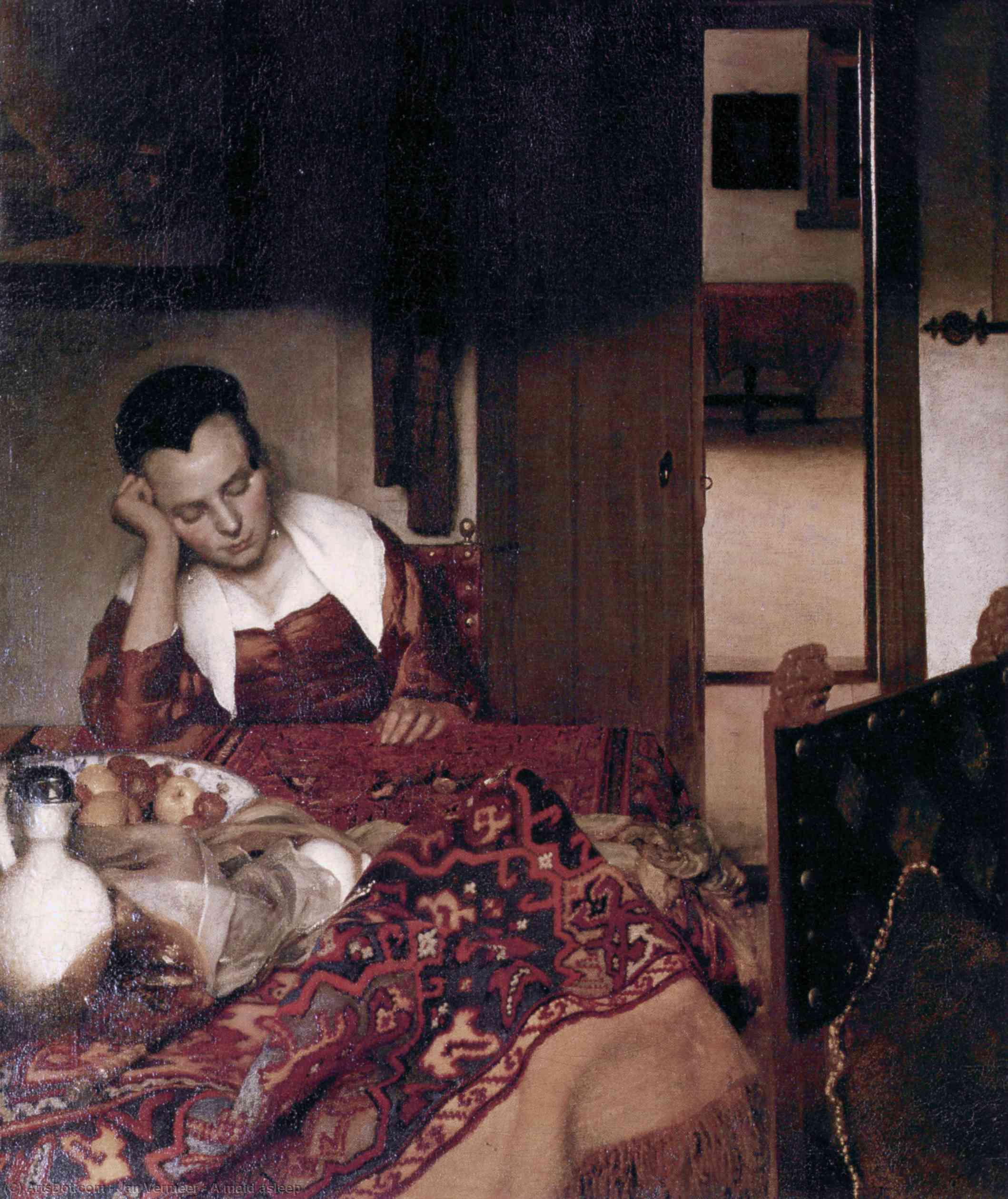 Wikioo.org – L'Enciclopedia delle Belle Arti - Pittura, Opere di Jan Vermeer - Una cameriera addormentato