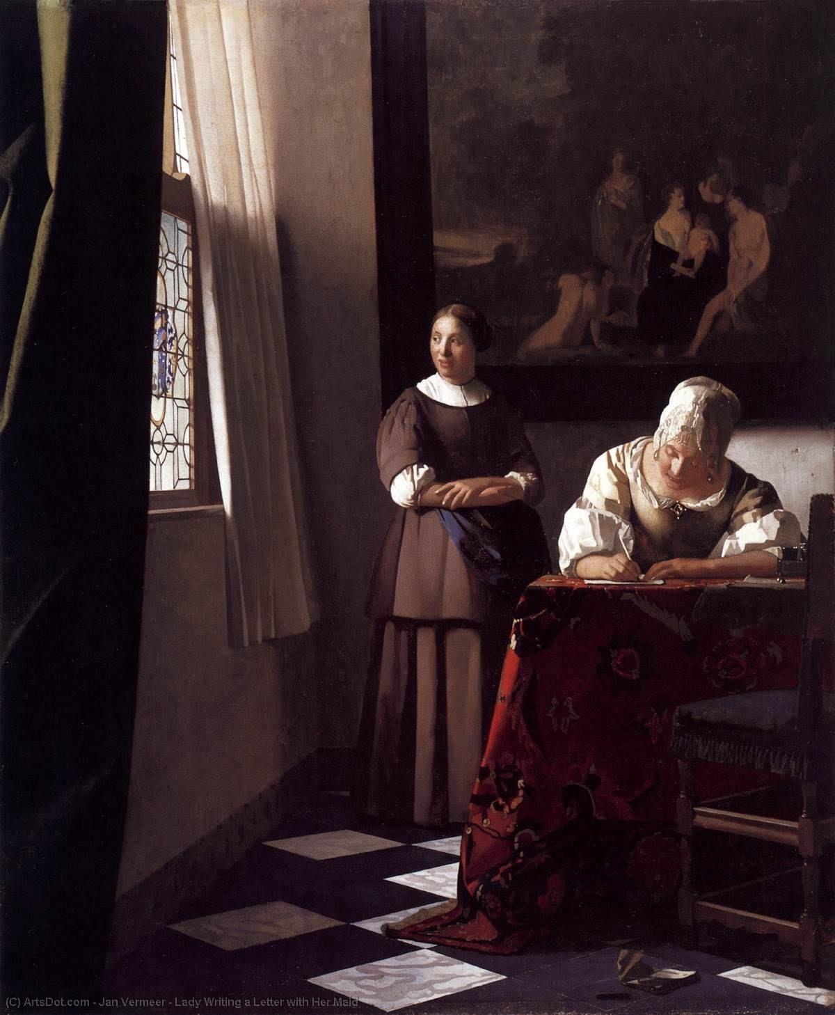 Wikioo.org – La Enciclopedia de las Bellas Artes - Pintura, Obras de arte de Jan Vermeer - Señora que escribe una letra con su criada